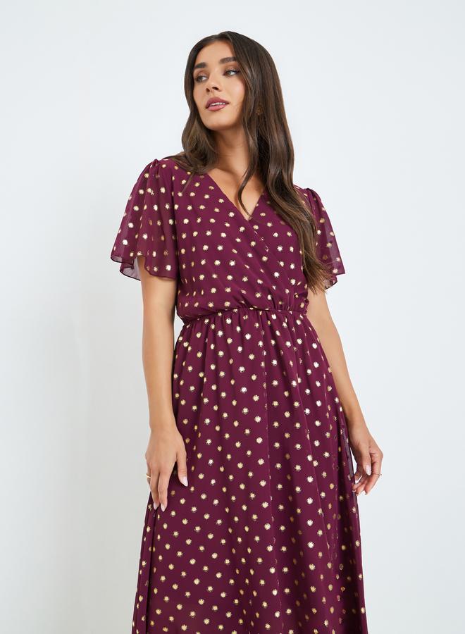 Styli Women Burgundy Polka Dot Print A-Line Maxi Dress - Image 2